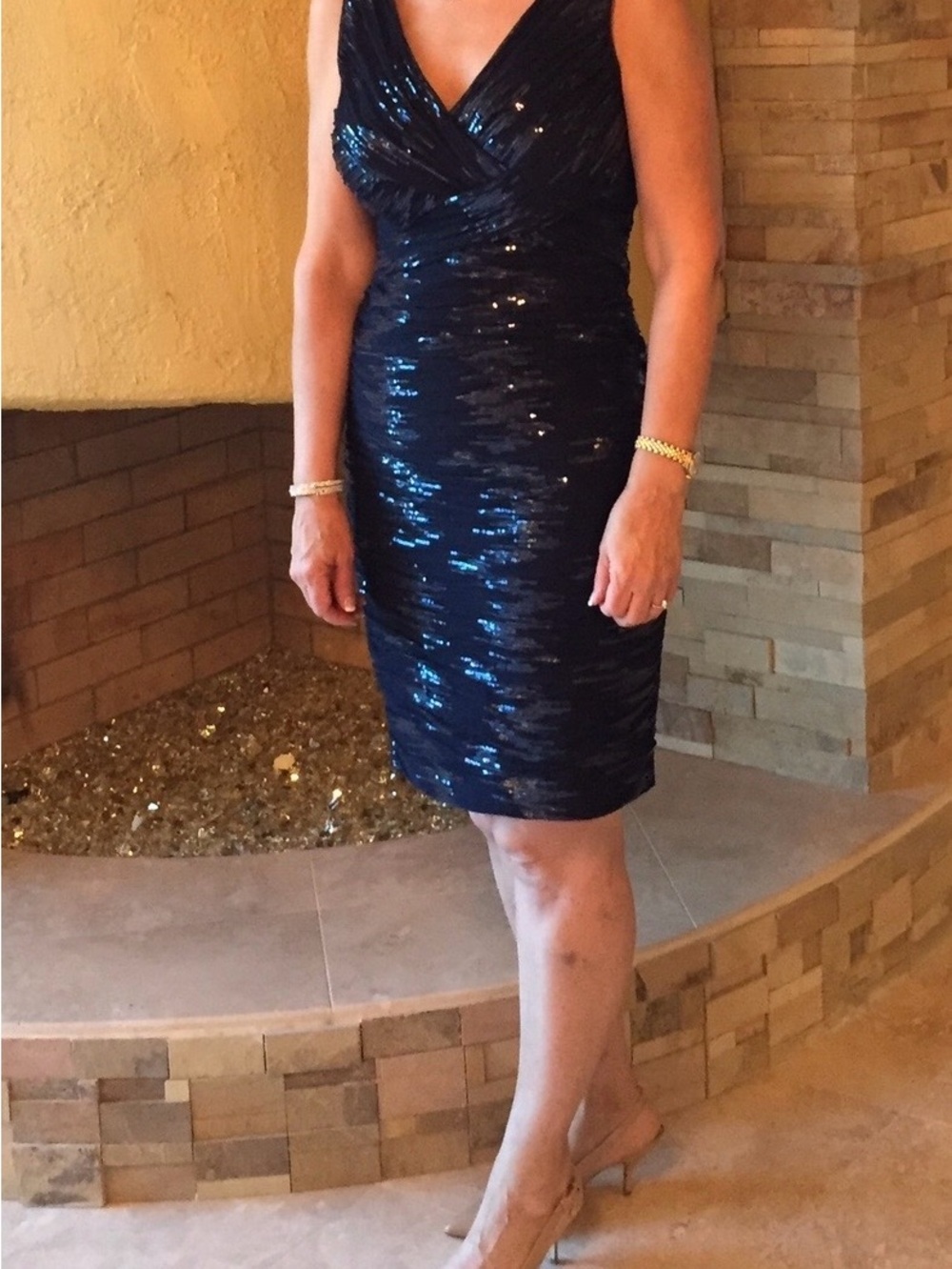 Ralph Lauren Navy Sequin Ruched V-Neck Dress - Picture 2 of 9